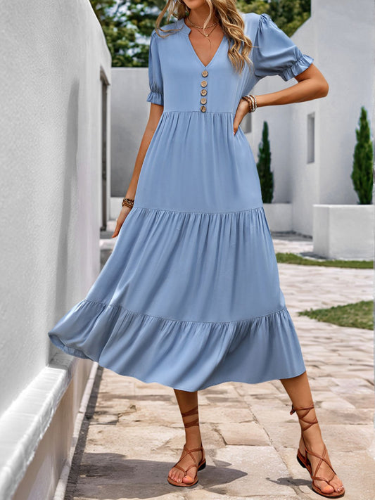 Perfee Decorative Button Notched Short Sleeve Midi Dress - Classique Collection