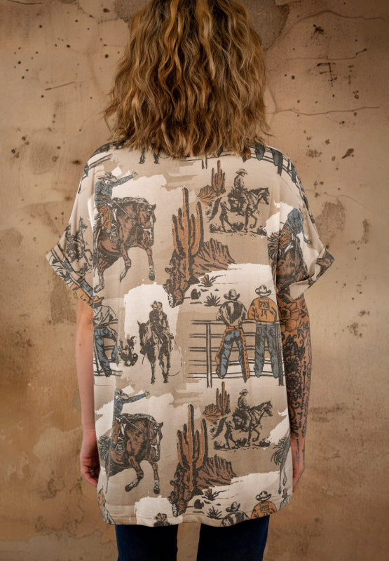Cowboy Print Round Neck Short Sleeve T Shirt - Classique Collection