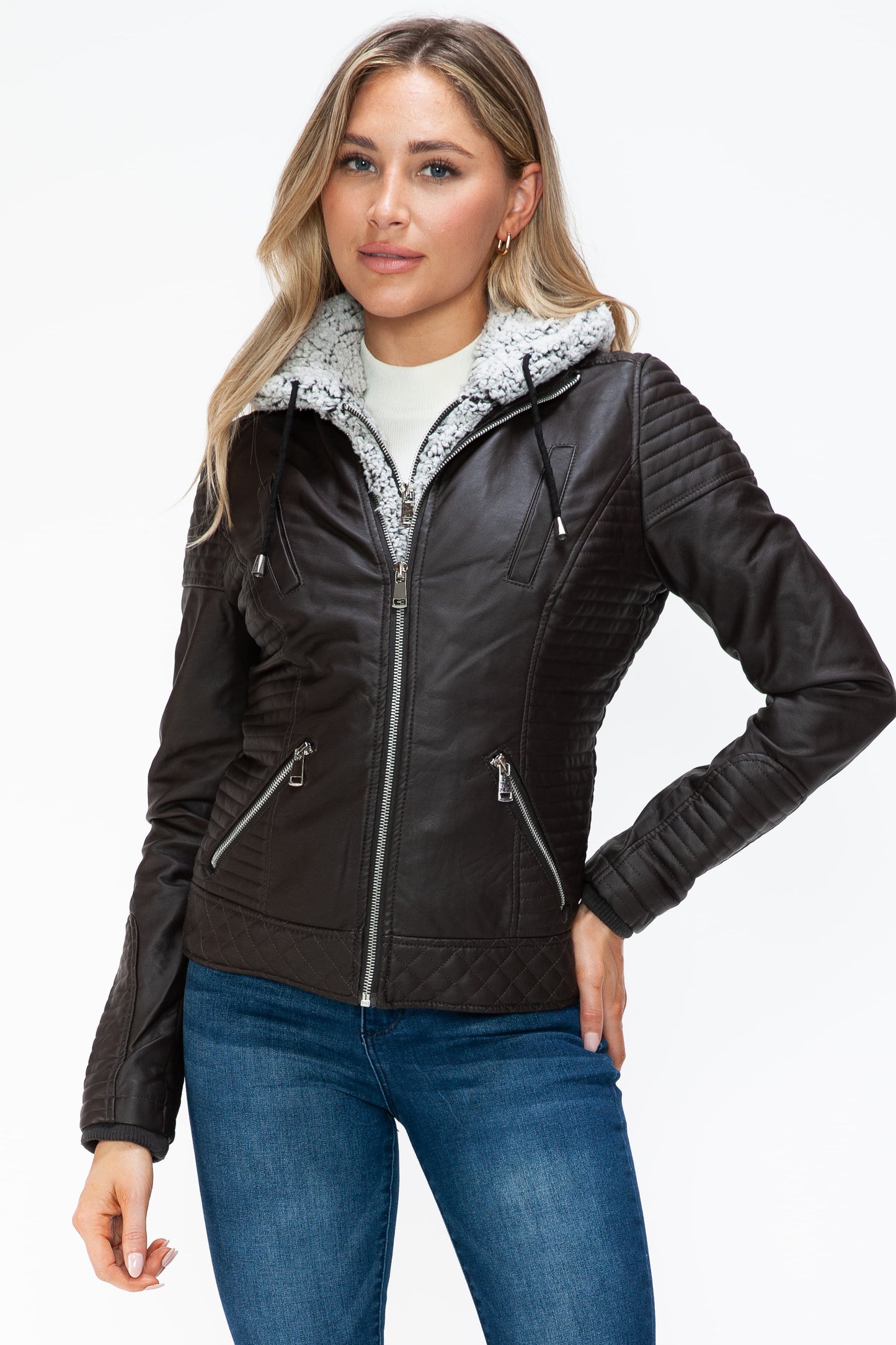 YMI Faux Layered Double-Zipper Jacket with Fuzzy Hood - ClassiQ