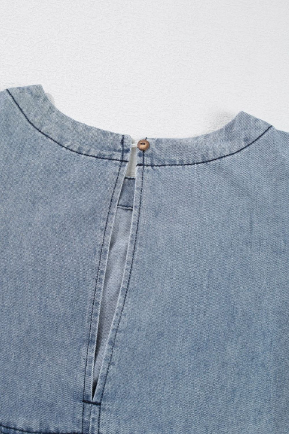 Cutout Round Neck Balloon Sleeve Denim Dress - Classique Collection