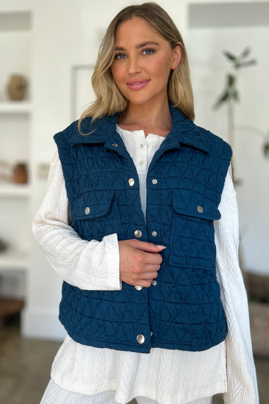 Double Take Full Size Pocketed Texture Snap Down Vest Coat - Classique Collection