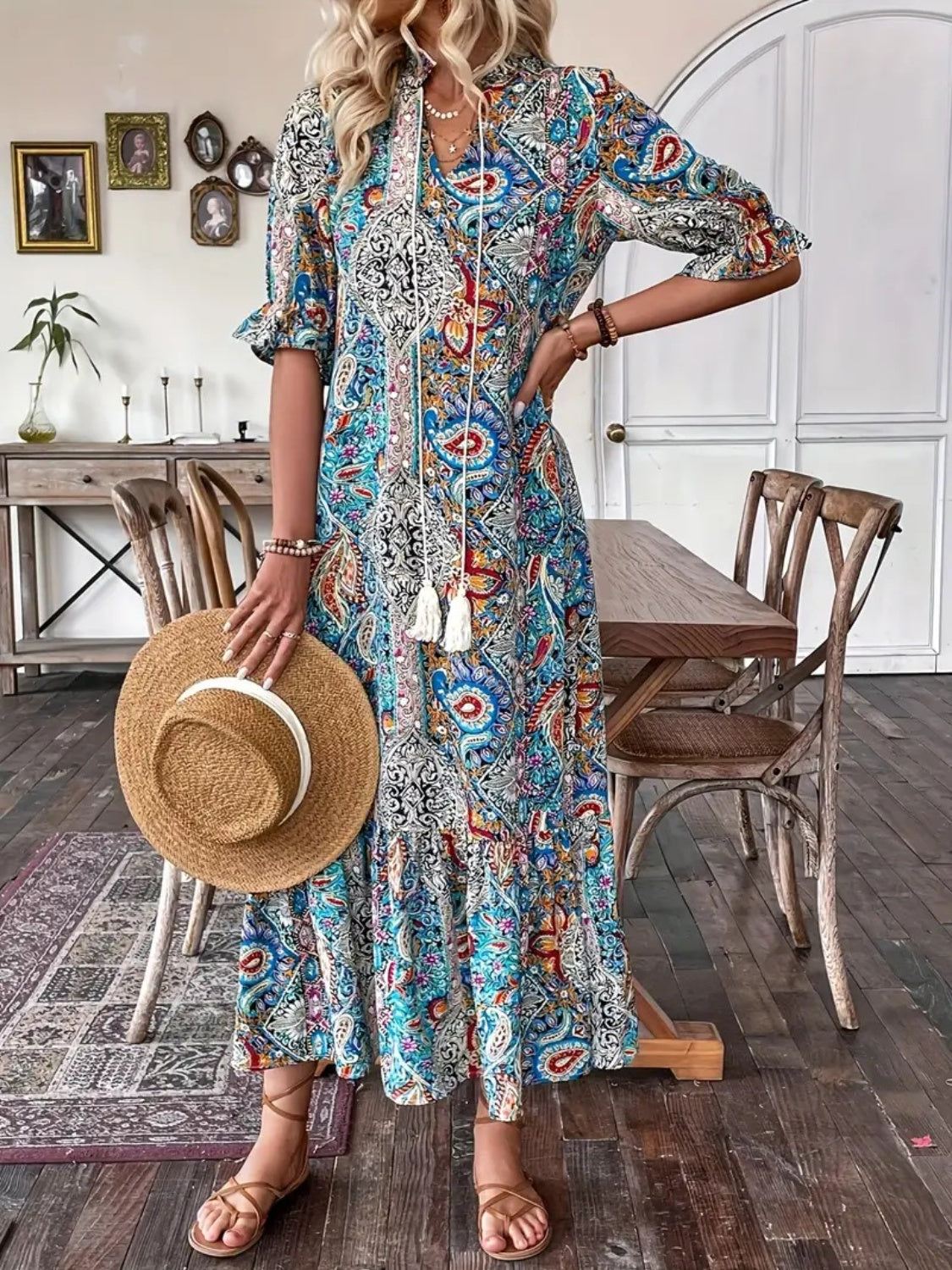 Printed Tie Neck Flounce Sleeve Midi Dress - Classique Collection