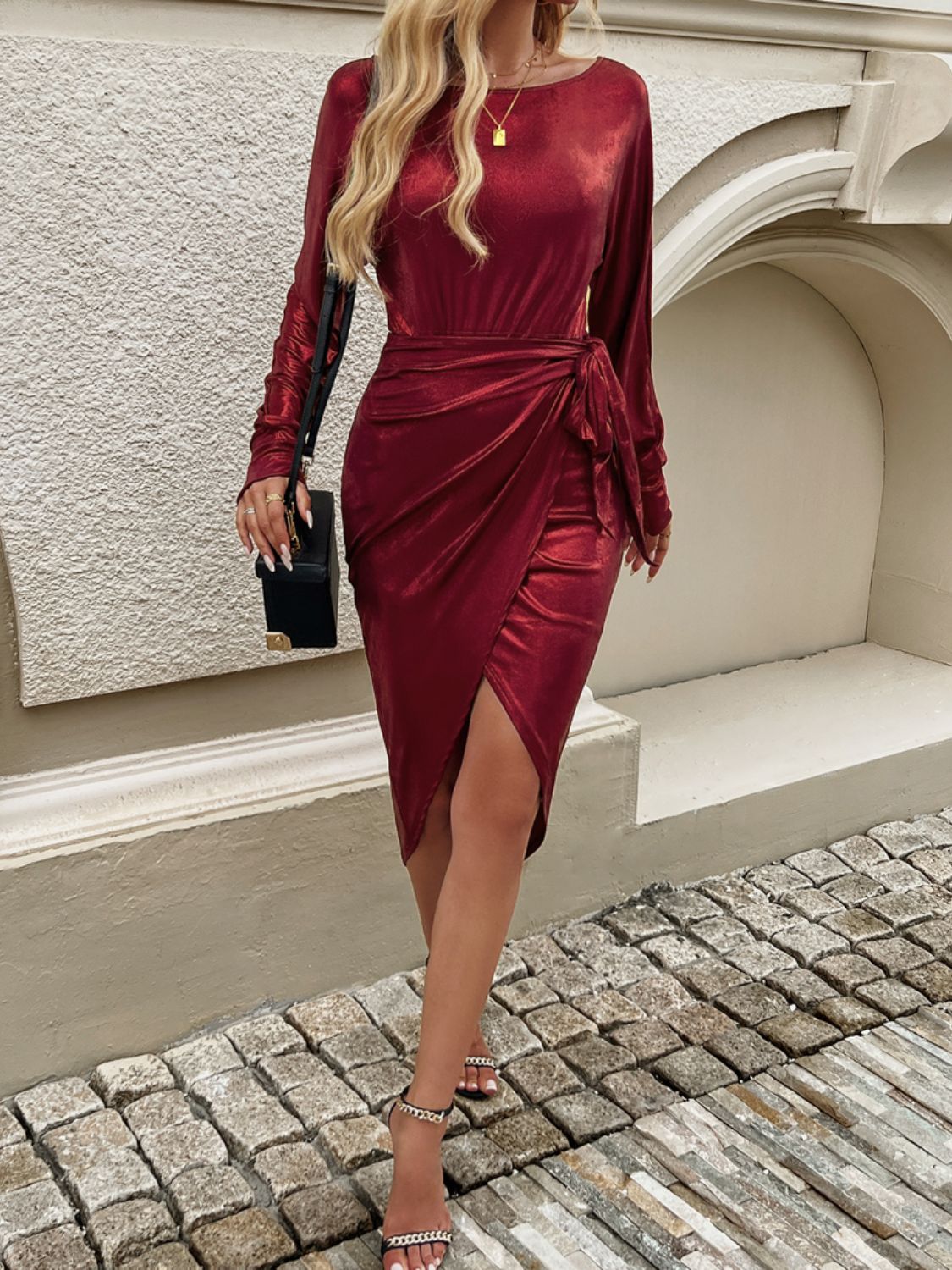 Devine Tied Boat Neck Long Sleeve Dress - Classique Collection