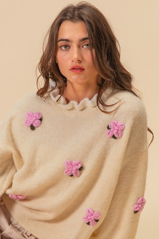 BiBi Ruffled Crochet Flower Dropped Shoulder Sweater - ClassiQ