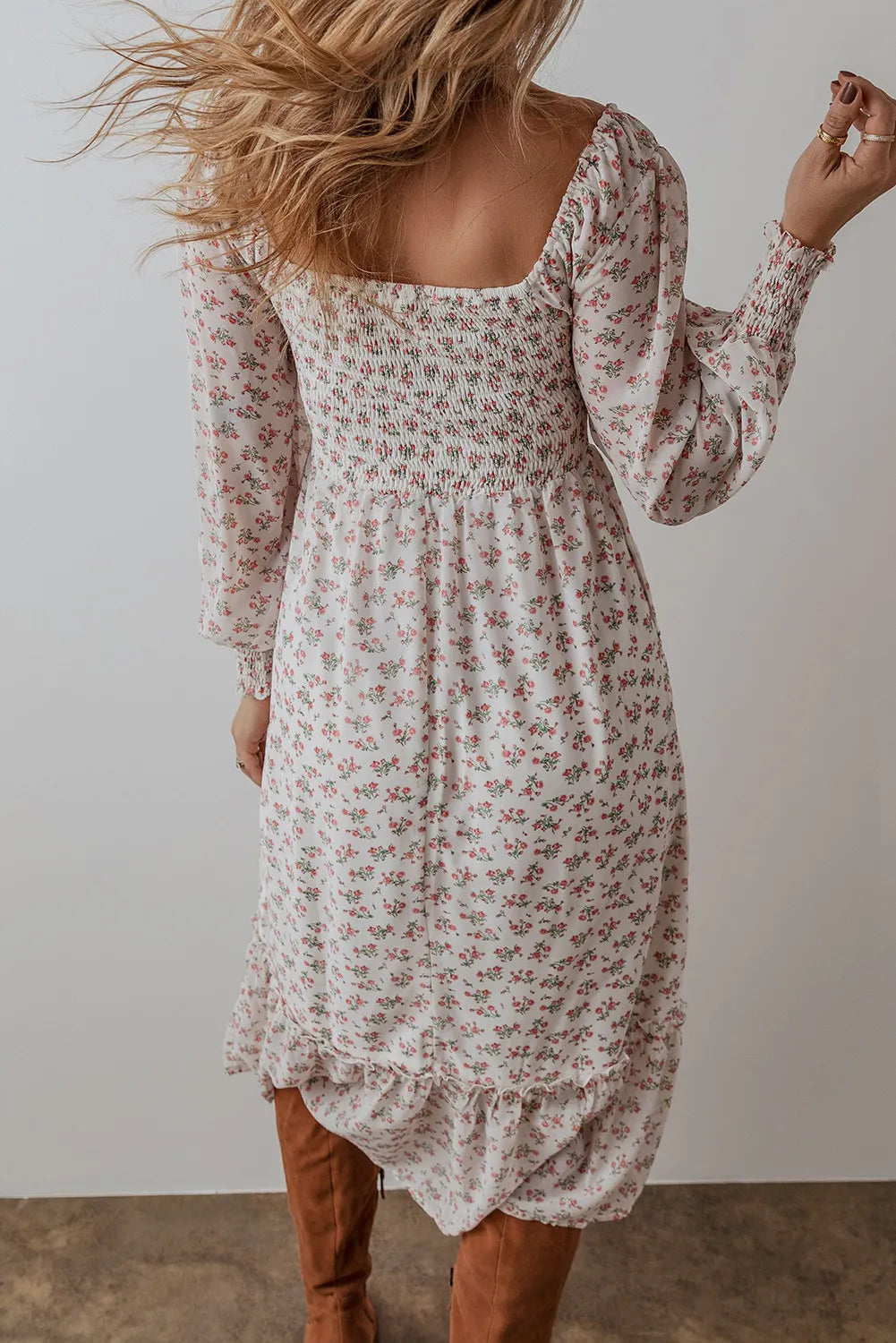 Smocked Floral Square Neck Long Sleeve Midi Dress - Classique Collection