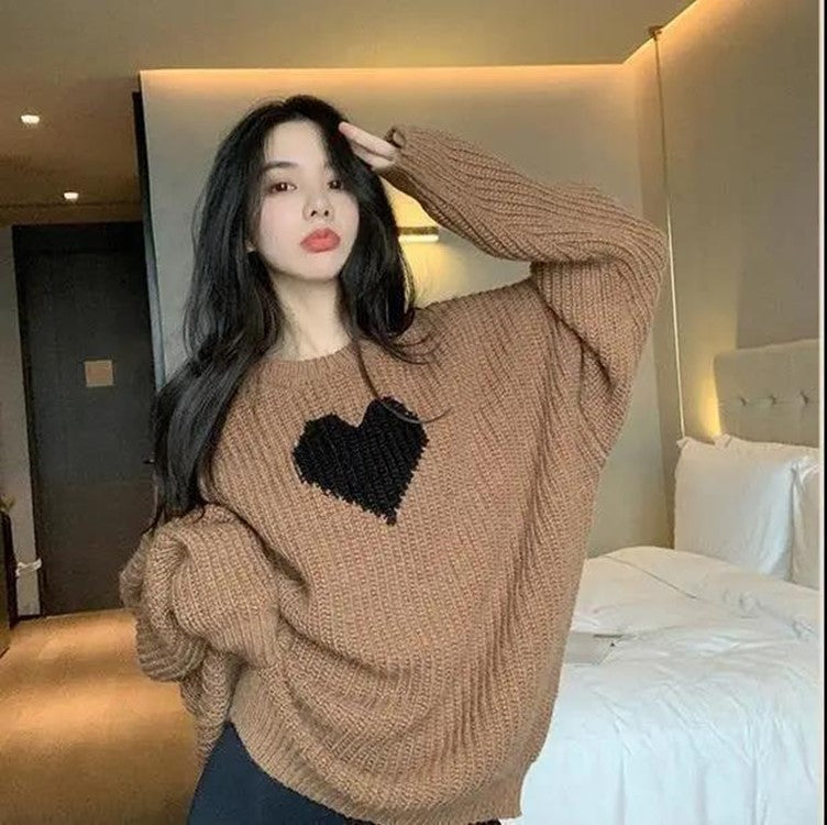 Casual Outer Wear Love Loose Sweater Women Round Neck Pullover Knit Top