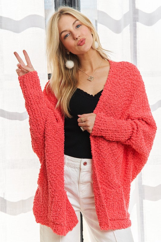 ADORA Popcorn Knit Open Front Long Sleeve Cardigan - ClassiQ