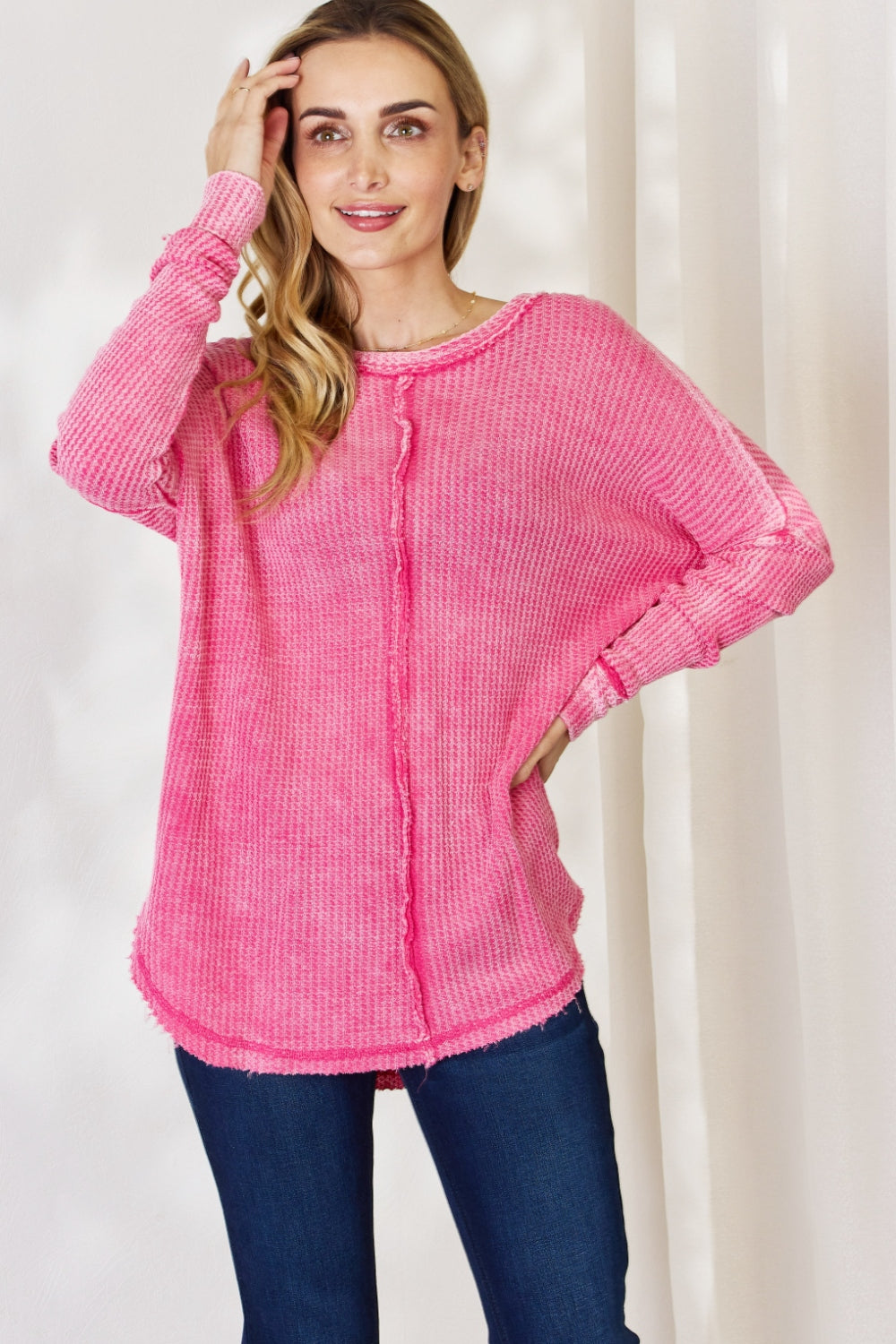 Zenana Oversized Washed Waffle Long Sleeve Top - Classique Collection