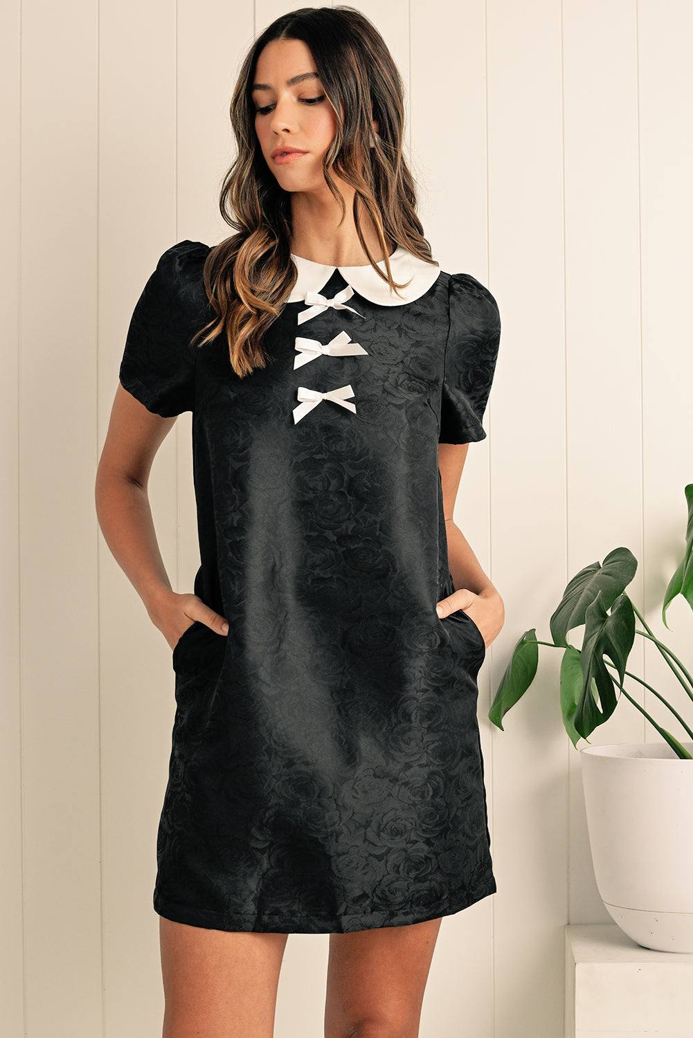 Black Elegant Floral Bow Detail Puff Sleeve Mini Dress - ClassiQ
