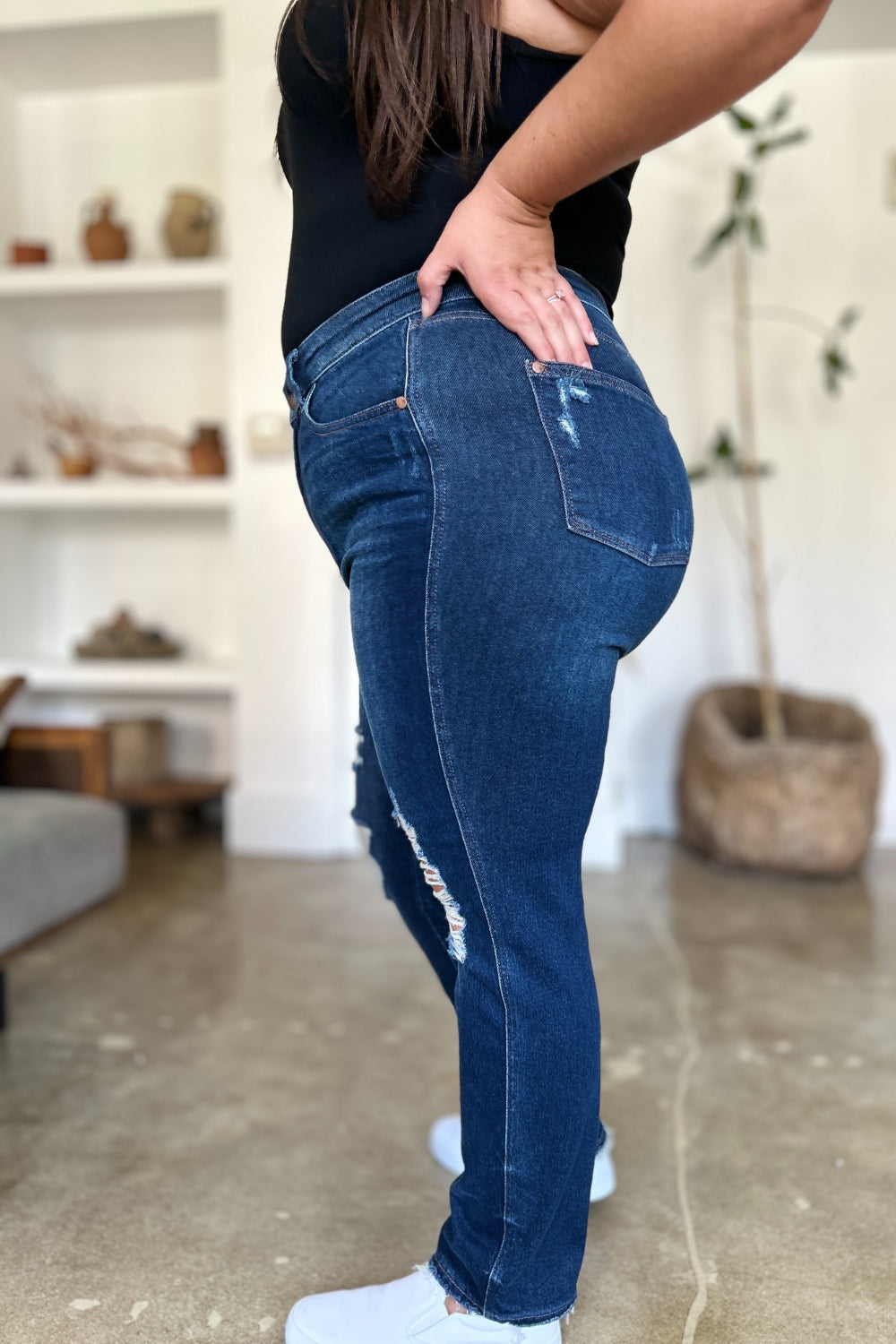 Judy Blue Full Size High Waist Rigid Magic Heavy Destroy Straight Jeans - Classique Collection