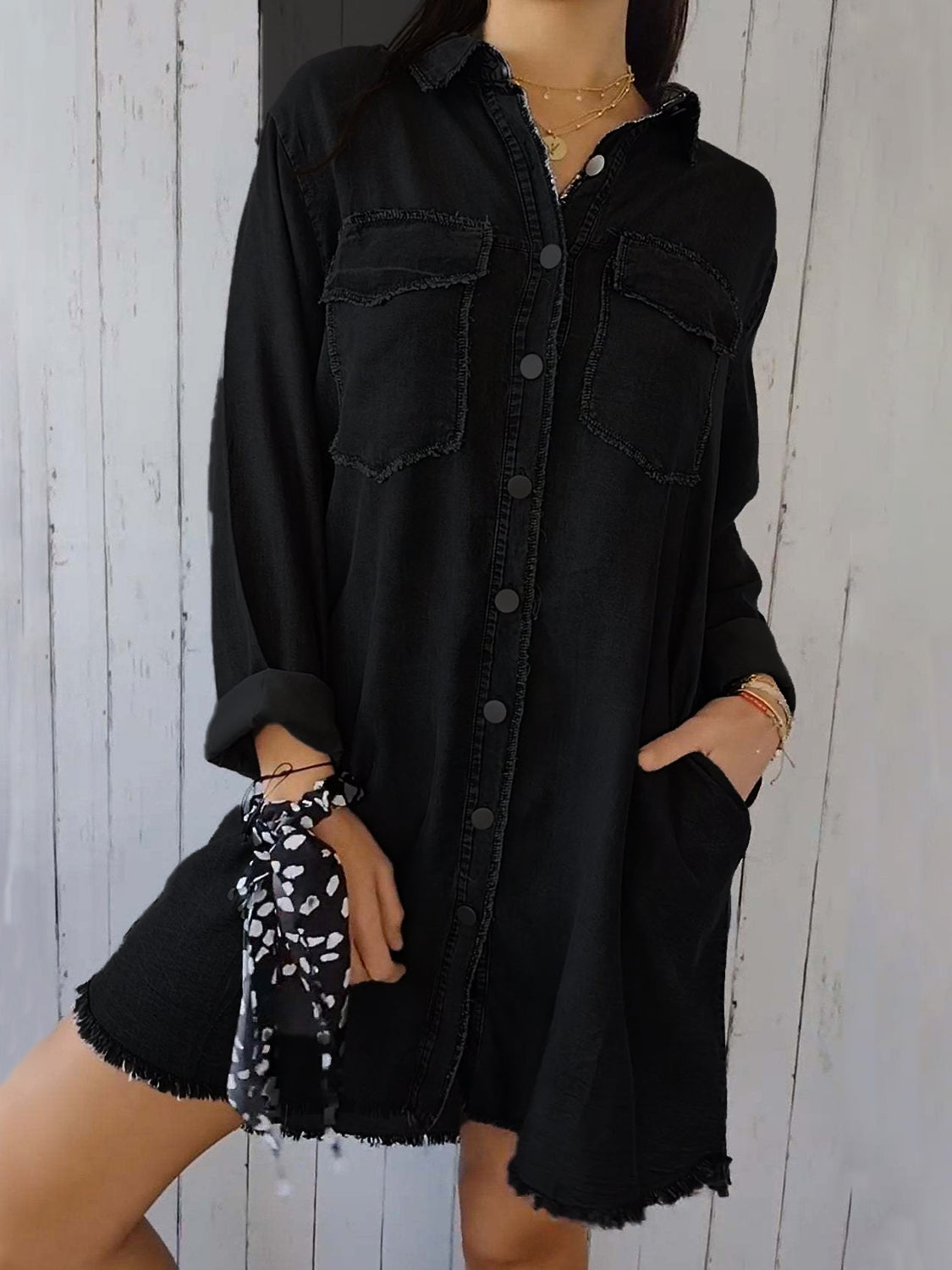 Full Size Raw Hem Button Up Long Sleeve Denim Top Plus Size - Classique Collection