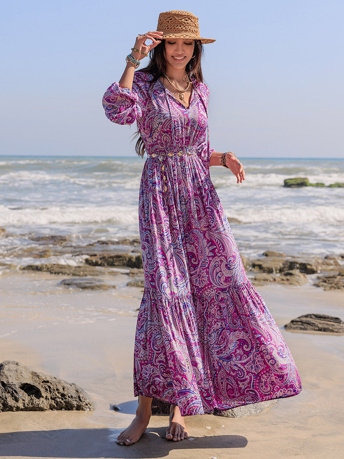Printed Tie Neck Balloon Sleeve Maxi Dress - Classique Collection