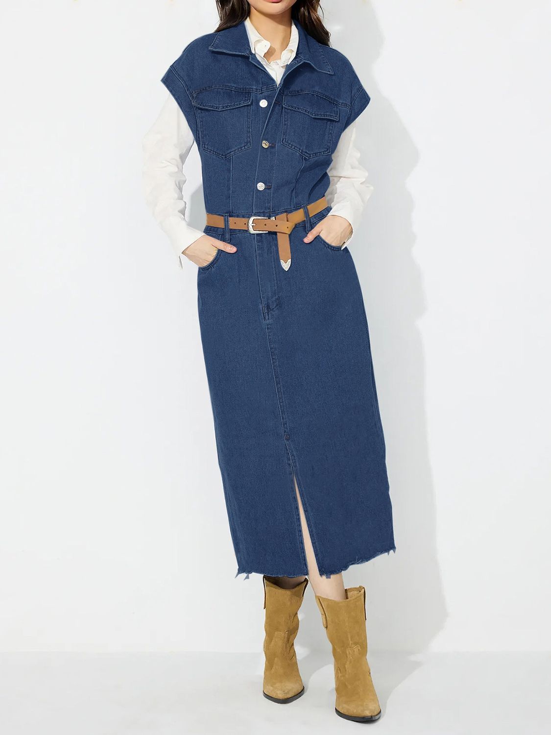 Slit Half Button Collared Neck Cap Sleeve Denim Dress - Classique Collection
