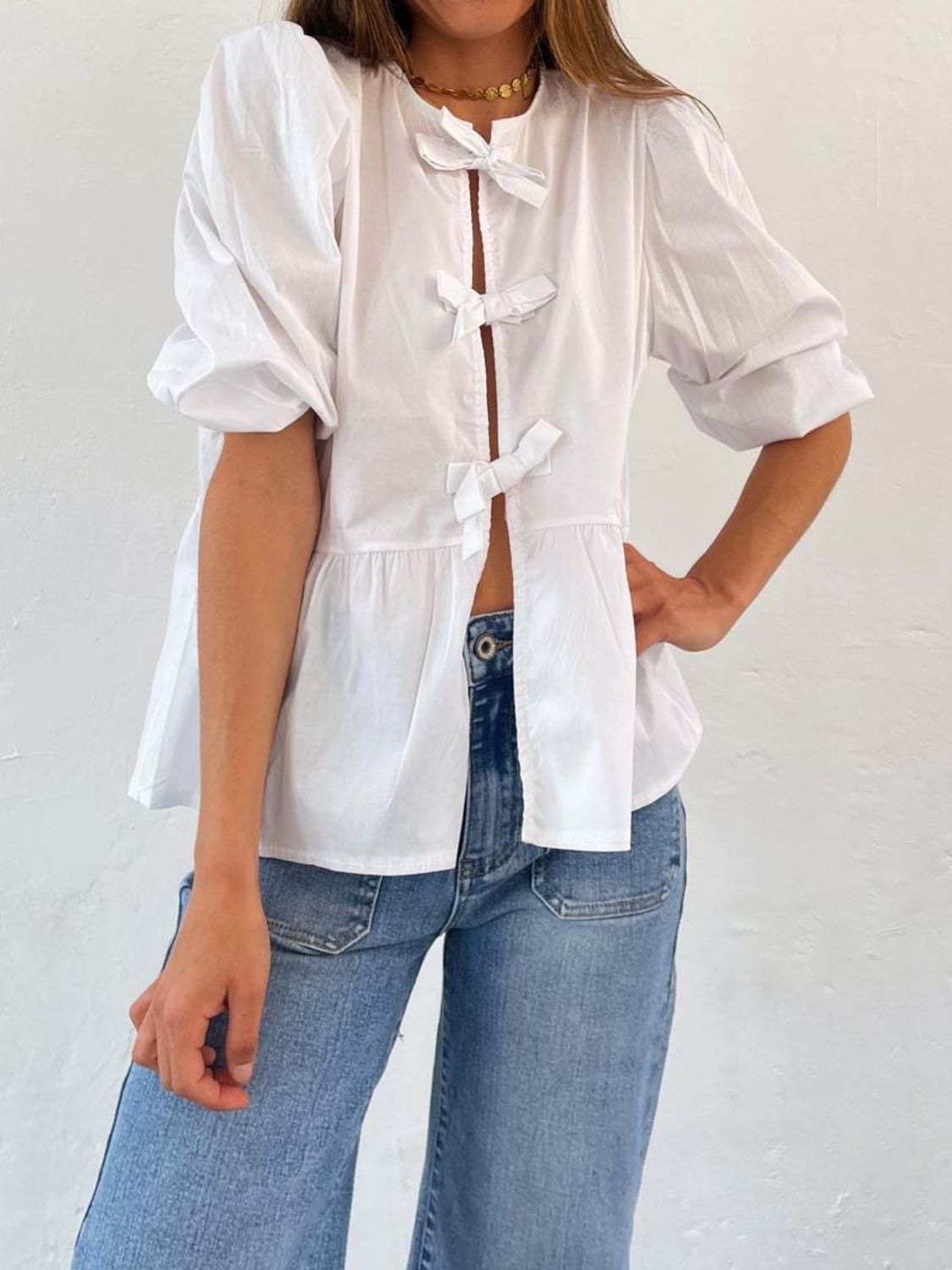 Tied Round Neck Balloon Sleeve Shirt - Classique Collection