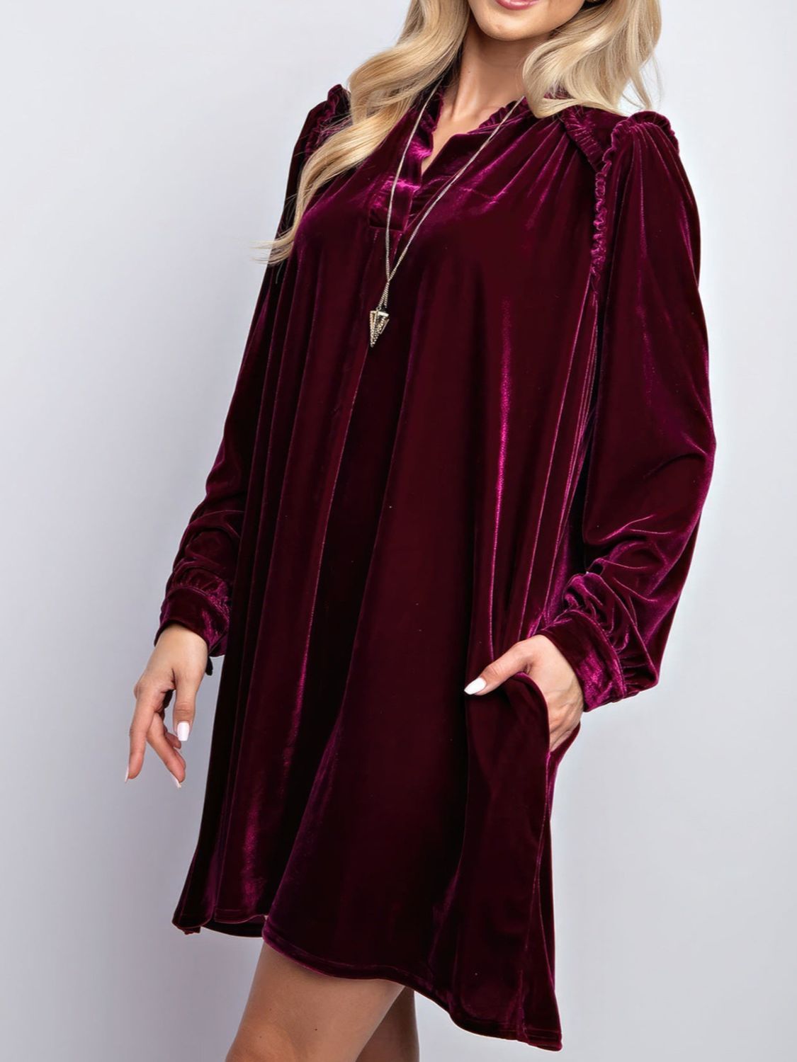 Frill Notched Long Sleeve Dress with Pockets - Classique Collection
