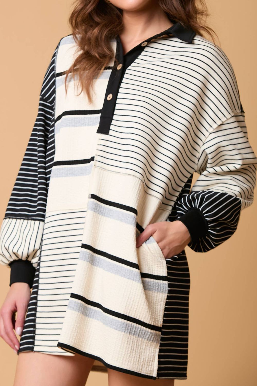 Striped Patchwork Long Sleeve Mini Dress - Classique Collection