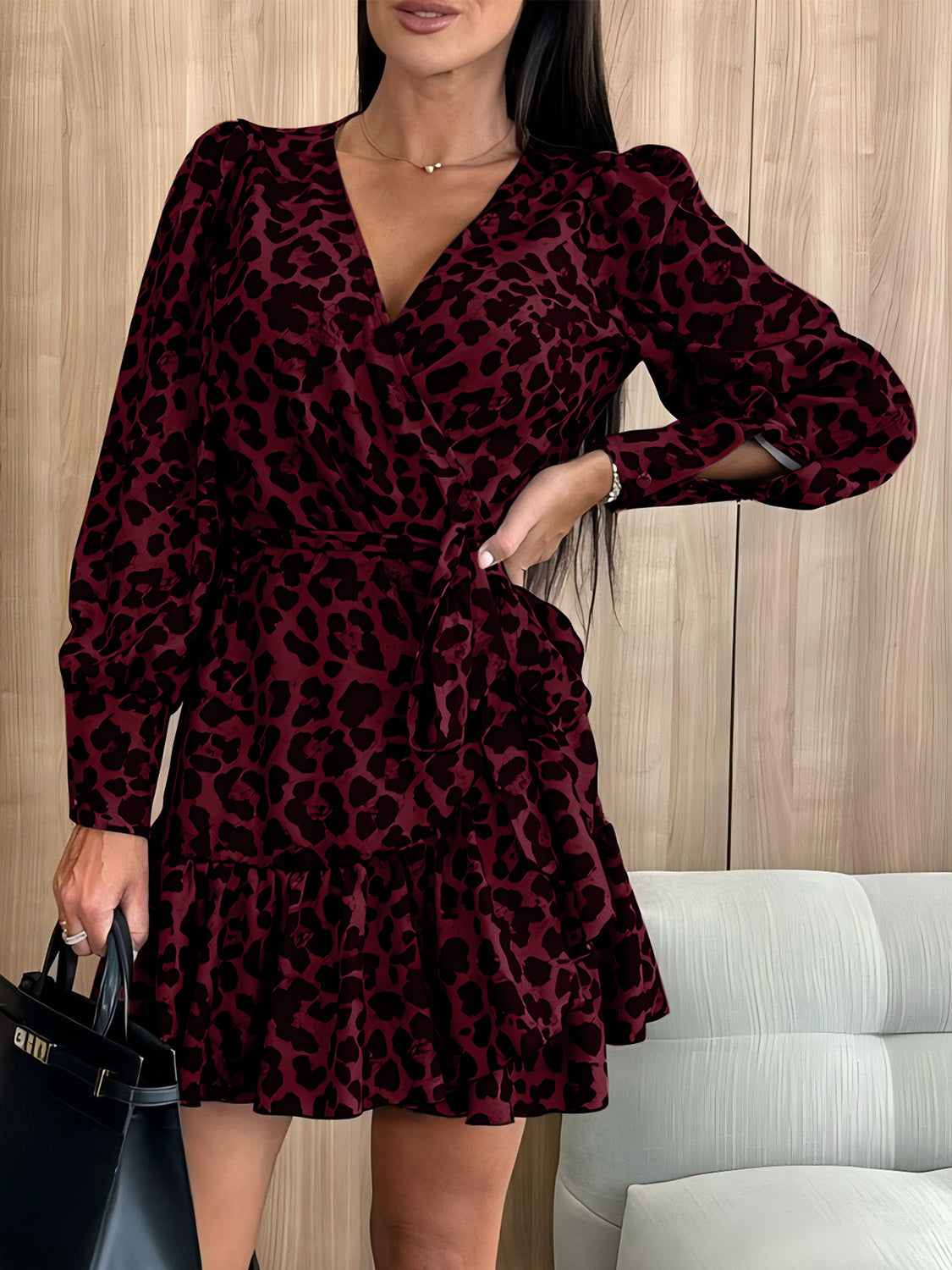 Tied Leopard Surplice Long Sleeve Dress - Classique Collection