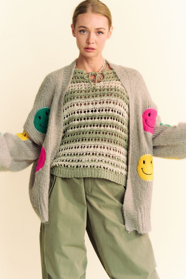 Davi & Dani Fuzzy Smile Open Front Long Sleeve Cardigan - Classique Collection