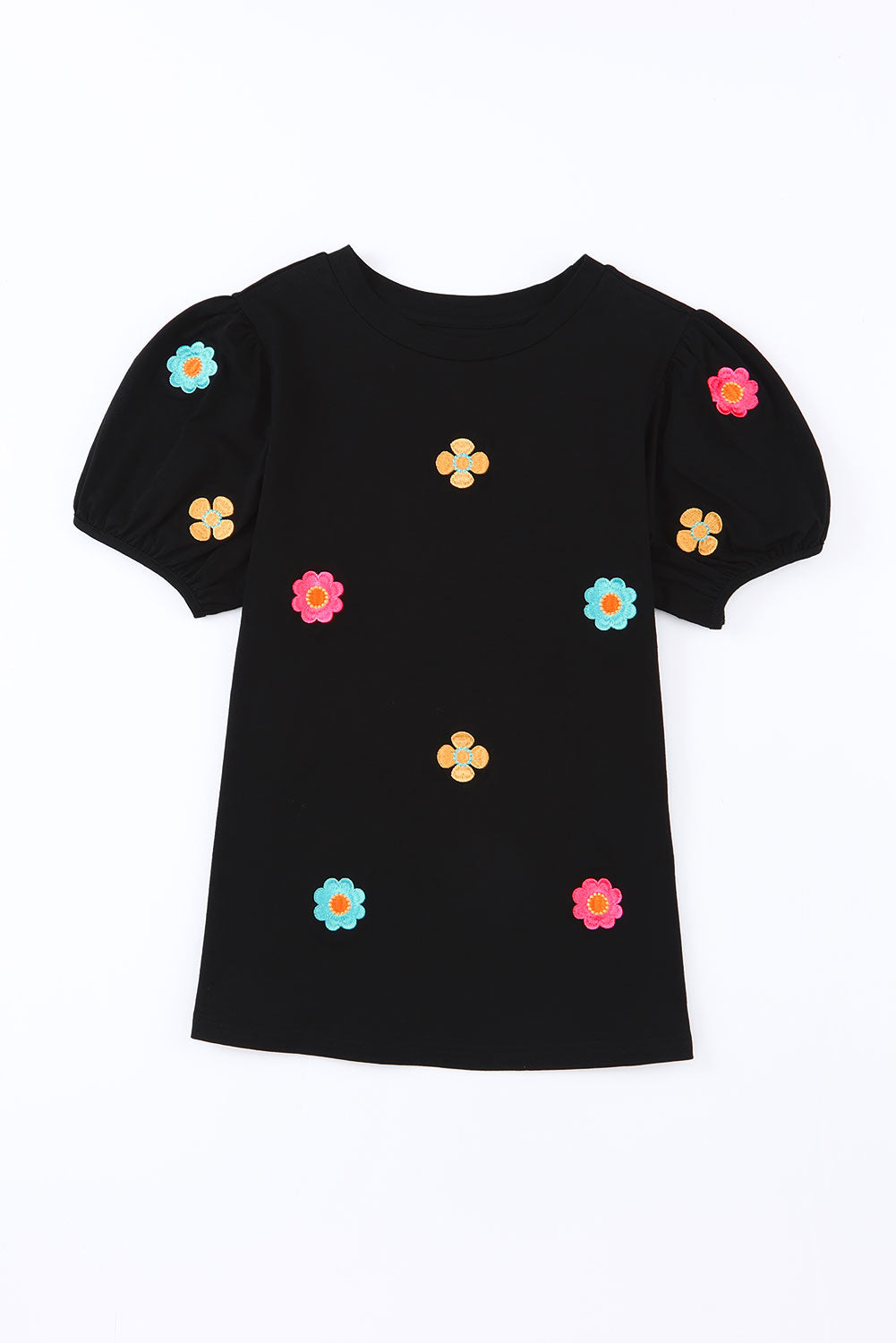 Embroidered Flower Round Neck Puff Sleeve Top - Classique Collection