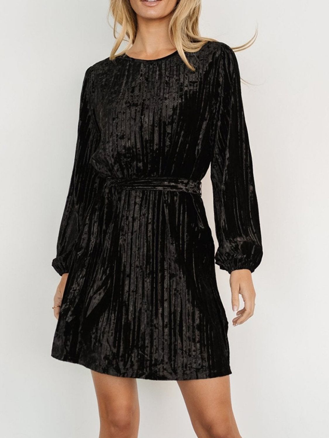 Velvet Round Neck Tie Waist Long Sleeve Mini Dress - Classique Collection