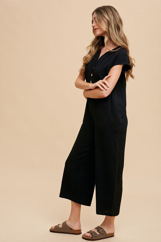 Annie Wear Button Detail Wide Leg Jumpsuit with Pockets - ClassiQ