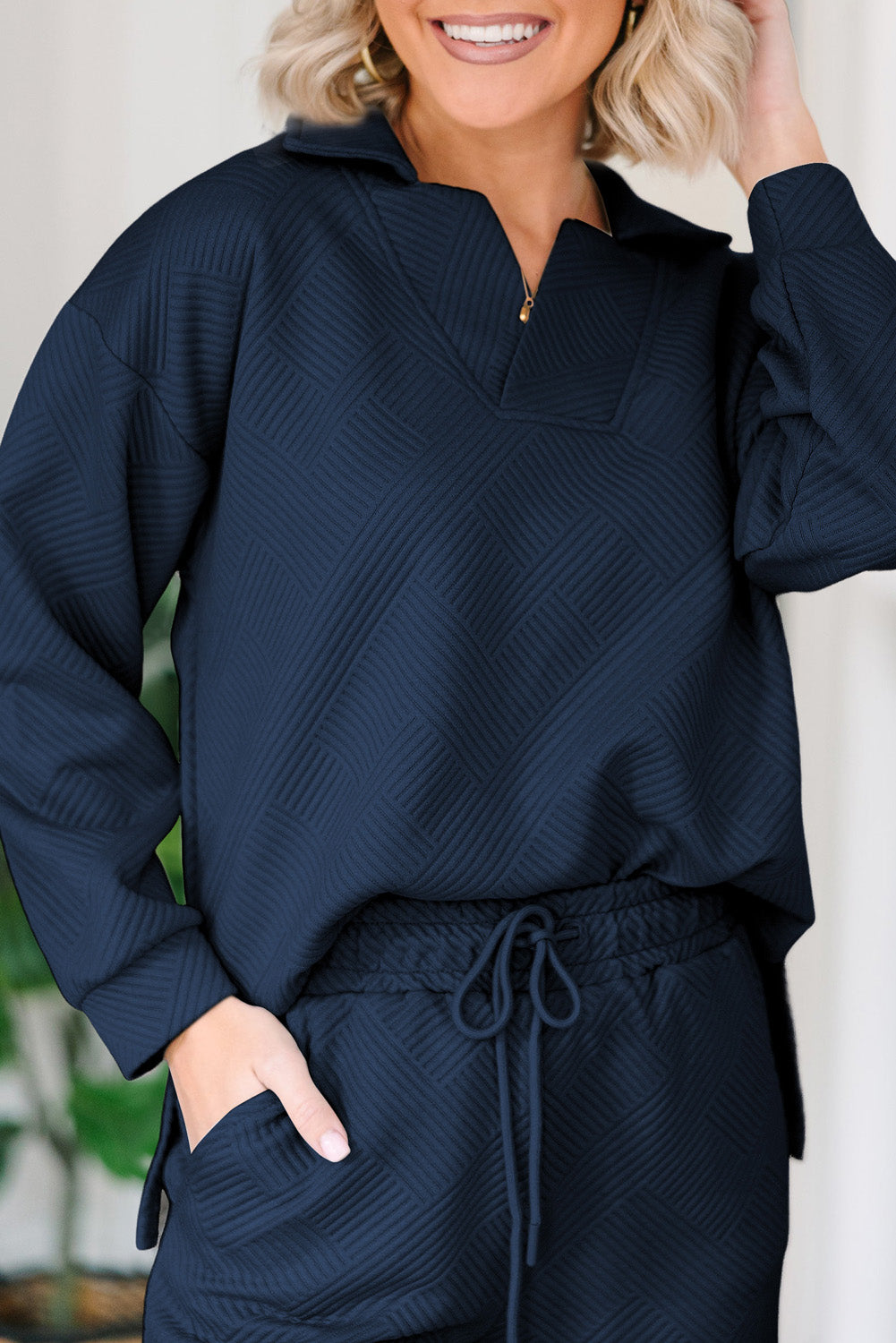Textured Collared Neck Top and Wide Leg Pants Set - ClassiQ
