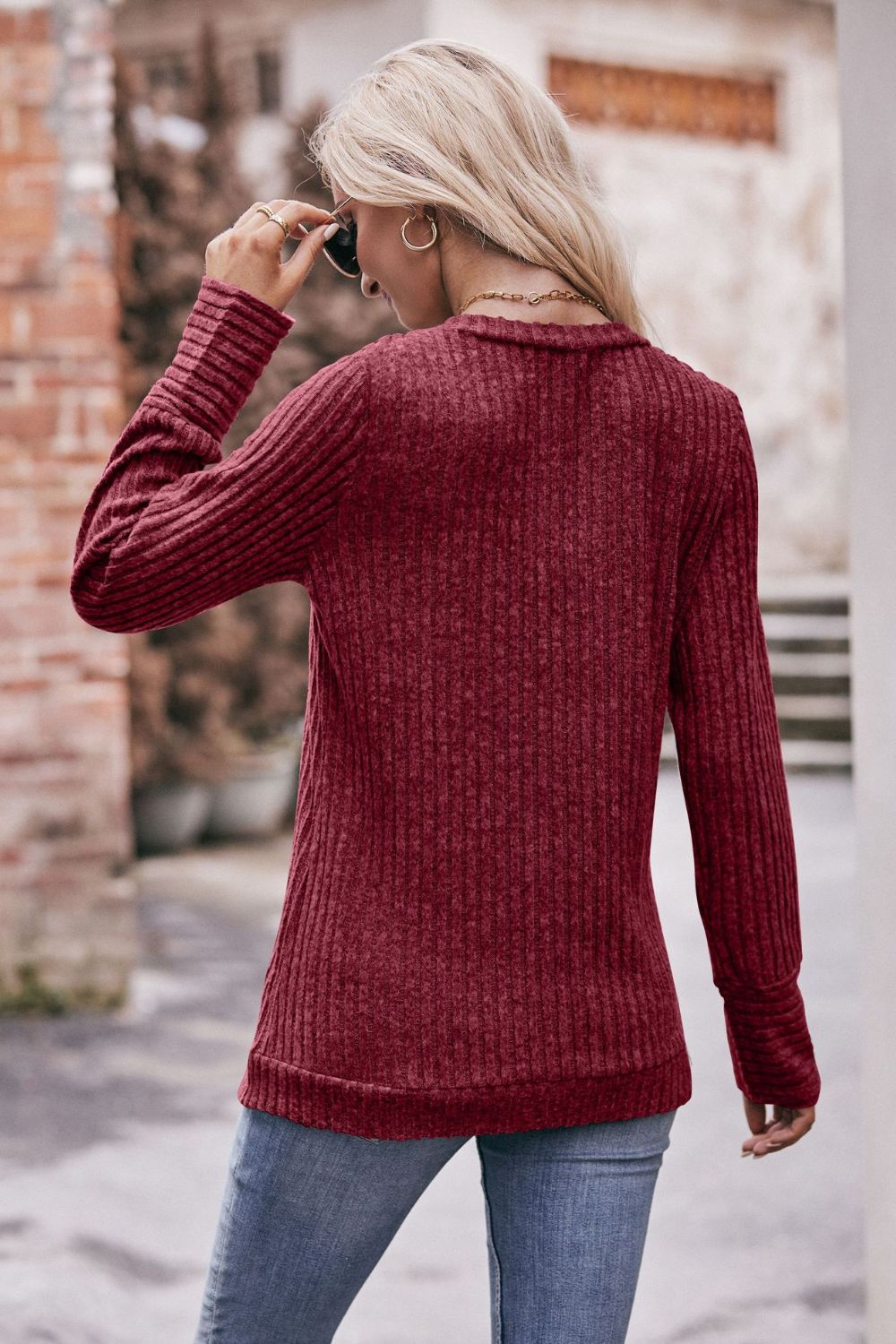 Mandy V-Neck Long Sleeve Ribbed Top - Classique Collection