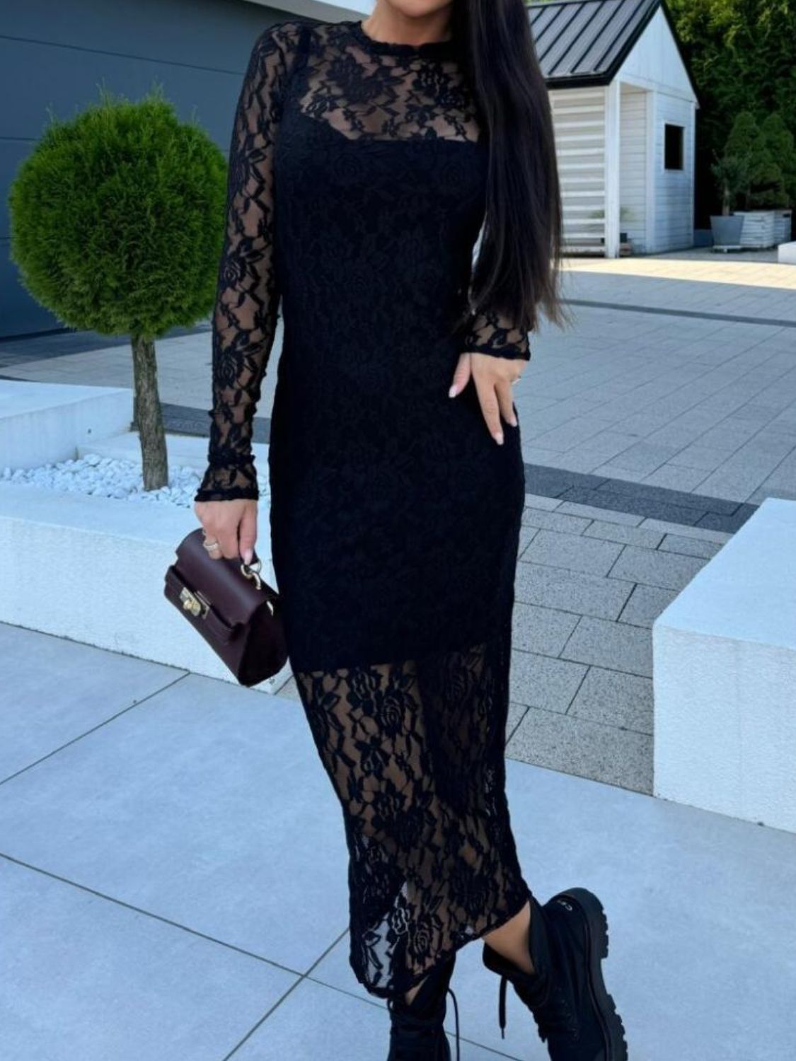Lace Round Neck Long Sleeve Midi Dress - Classique Collection