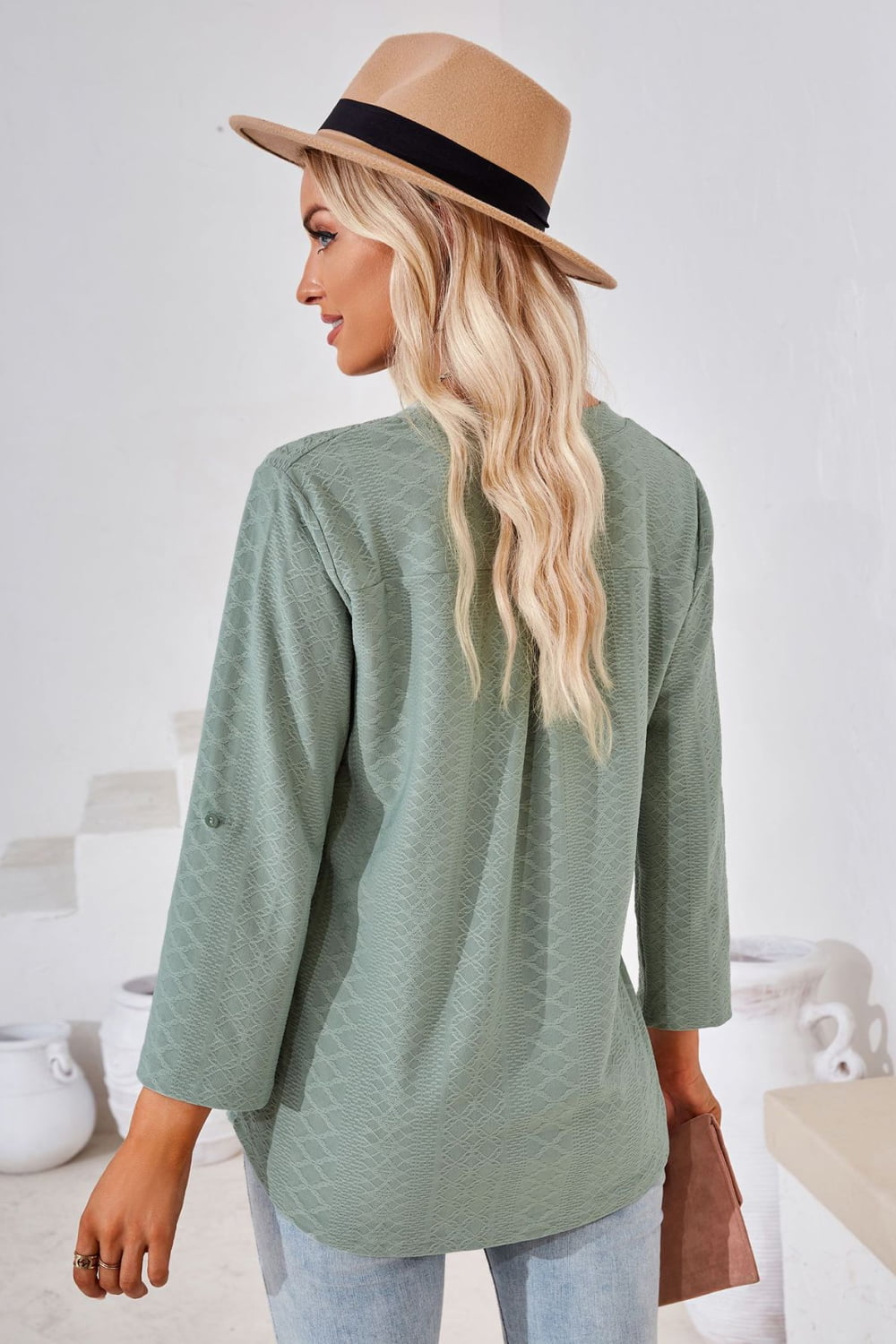 V-Neck Roll-Tap Sleeve Blouse - Classique Collection