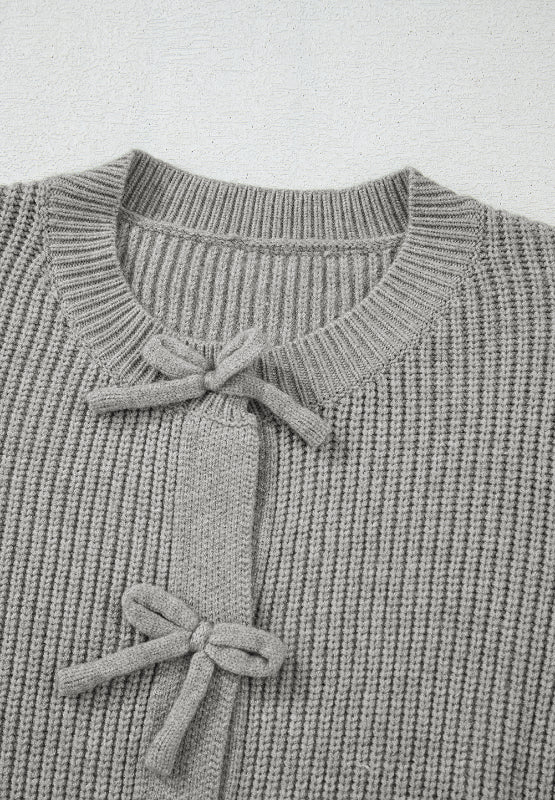 Bow Round Neck Long Sleeve Cardigan - ClassiQ