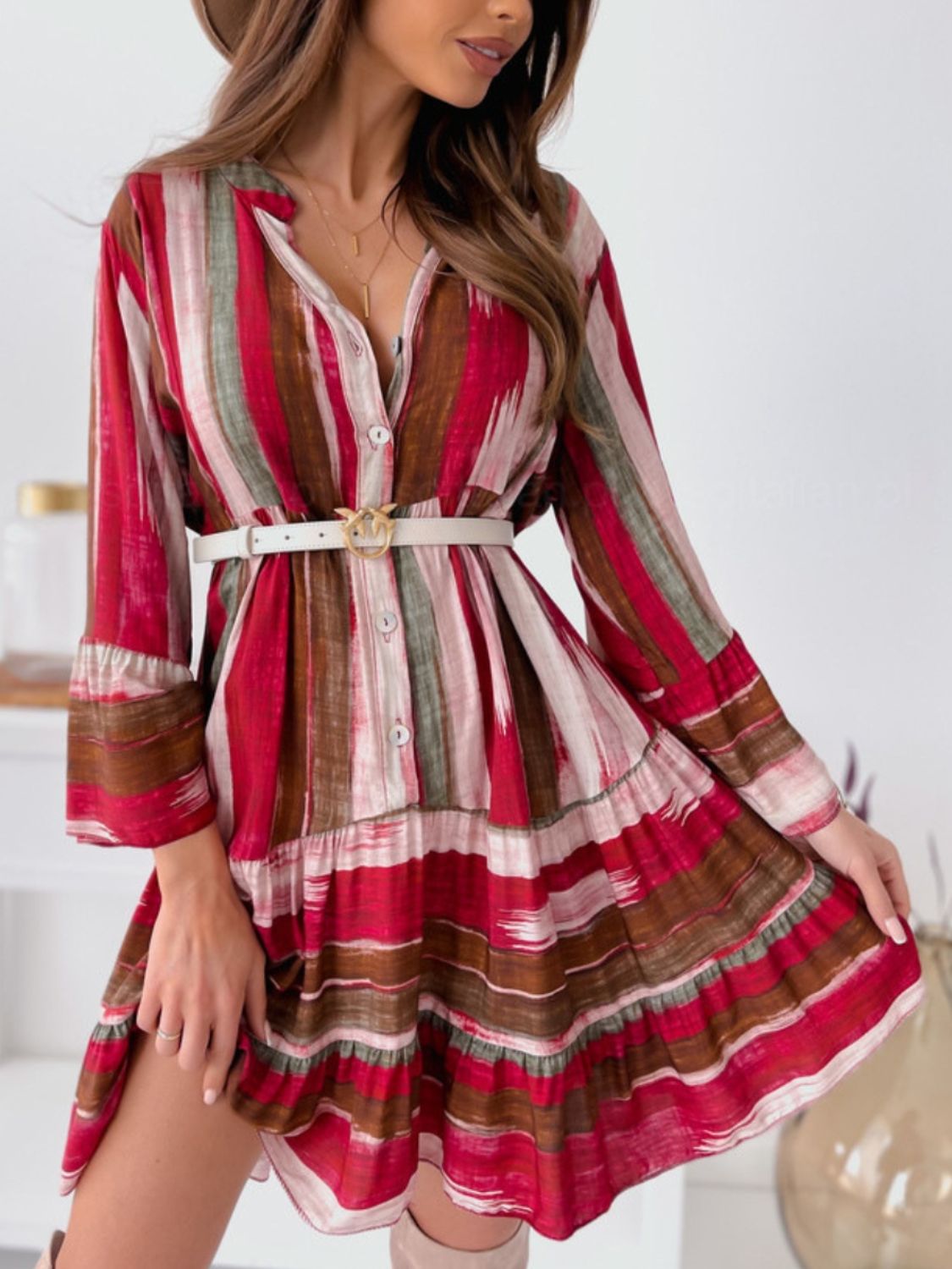 Buttoned Striped Long Sleeve Mini Dress - Classique Collection