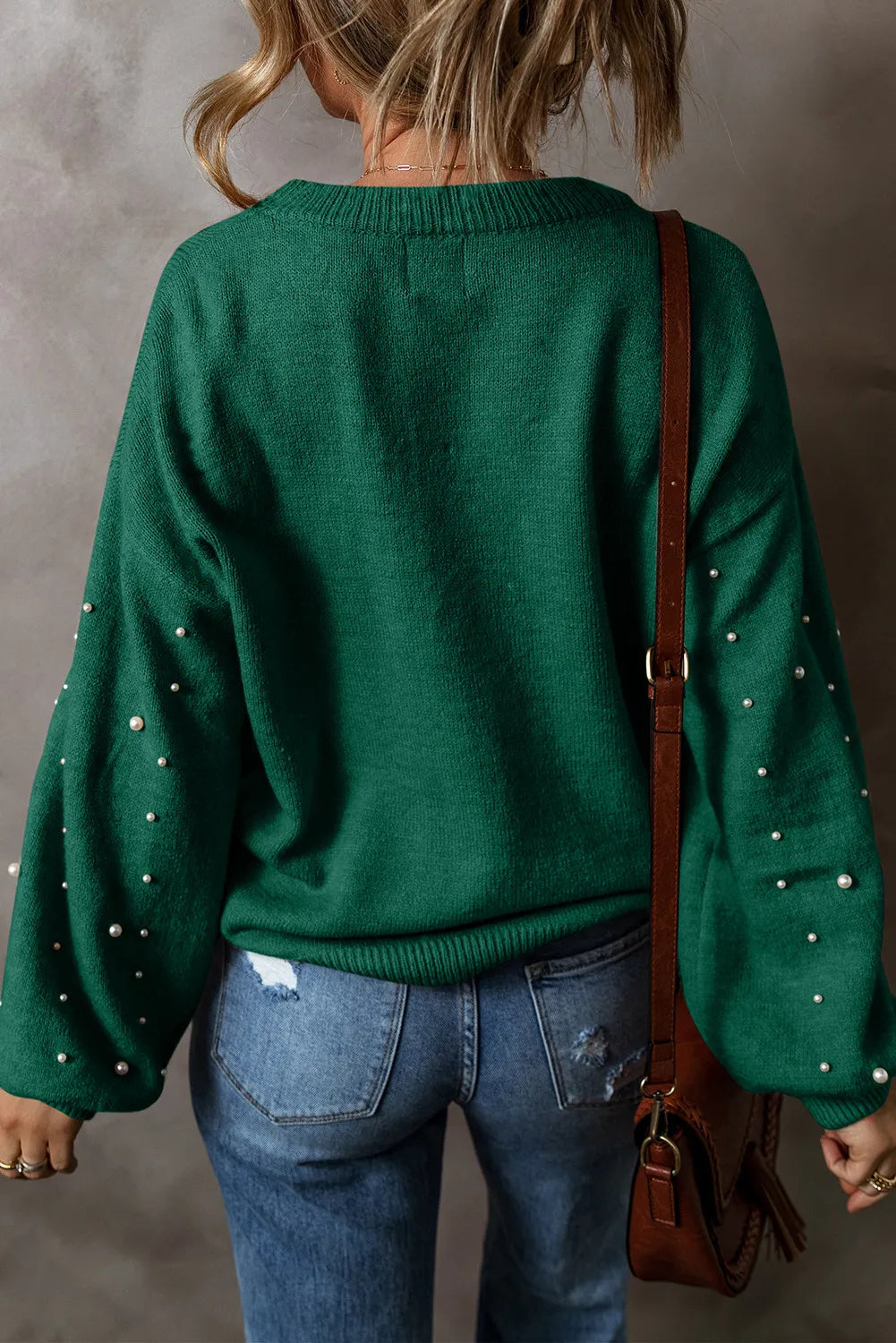 Pearl Detail Round Neck Long Sleeve Sweater - ClassiQ