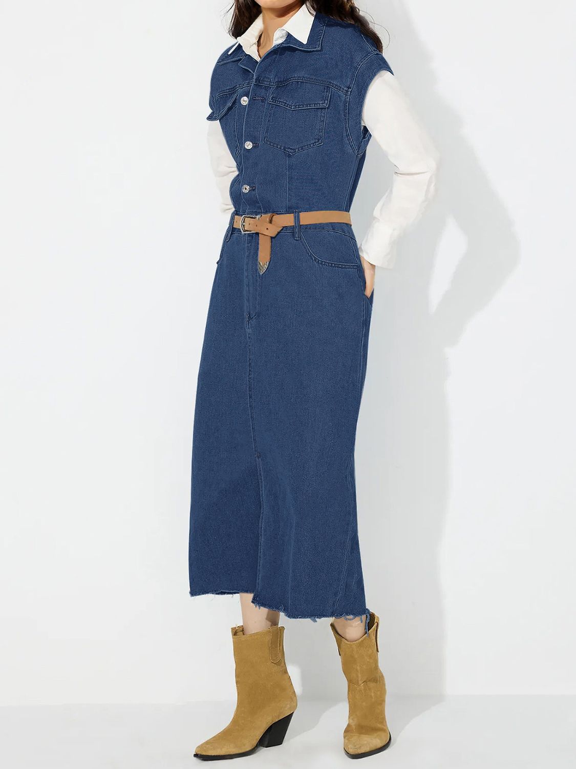 Slit Half Button Collared Neck Cap Sleeve Denim Dress - Classique Collection