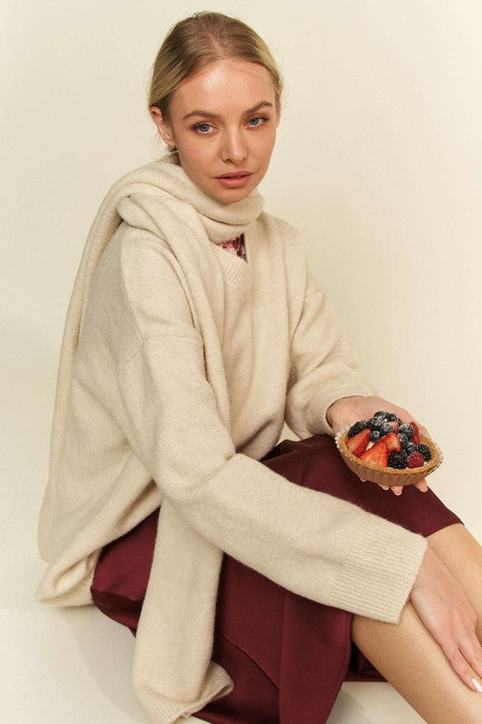 Davi & Dani V-Neck Dropped Shoulder Sweater with Scarf - ClassiQ