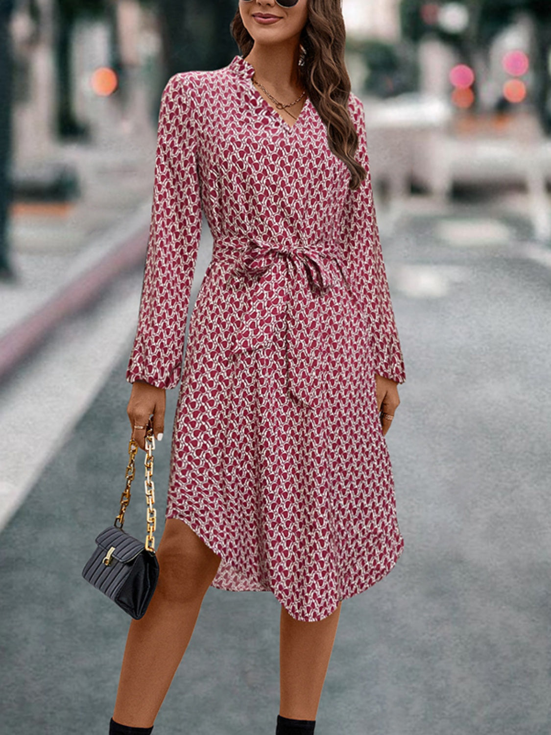 Tied Printed Notched Balloon Sleeve Dress - Classique Collection