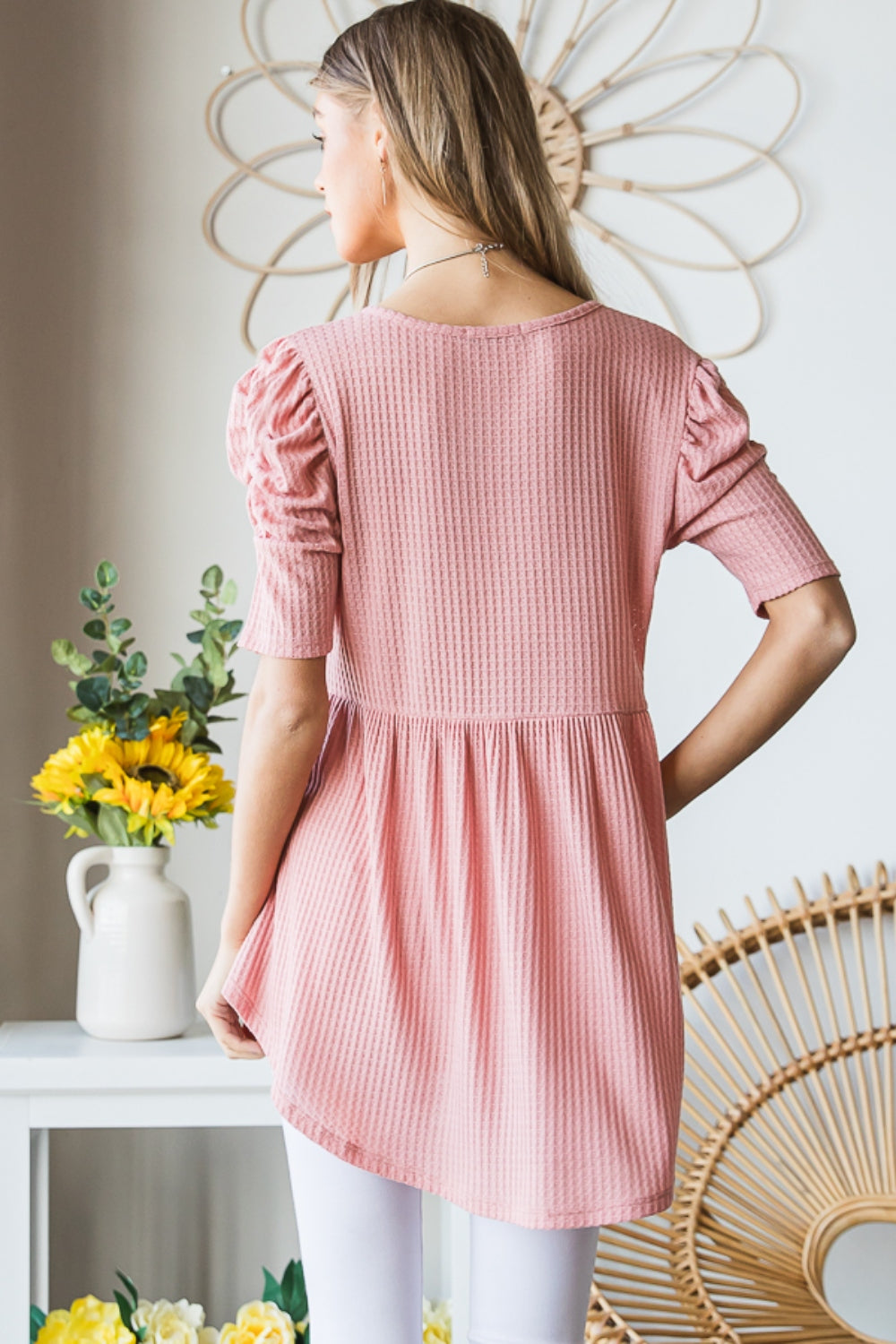 Heimish Full Size Waffle Knit V-Neck Babydoll Top - ClassiQ