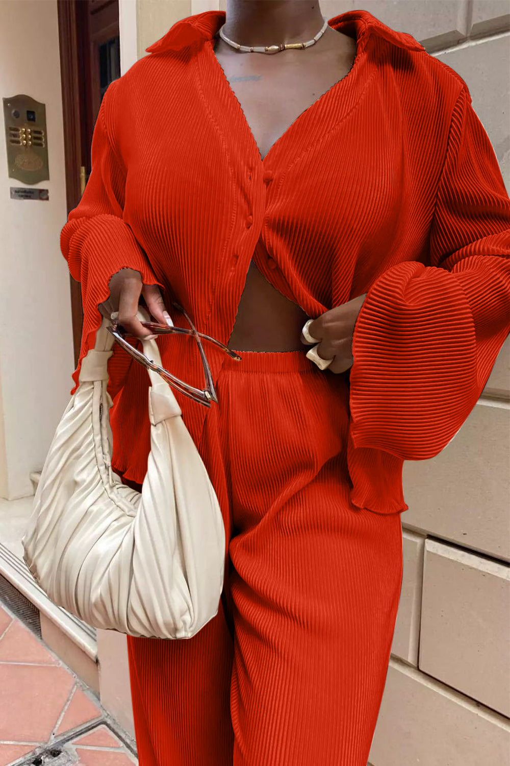 Textured Button Up Collared Neck Top and Pants Set - ClassiQ