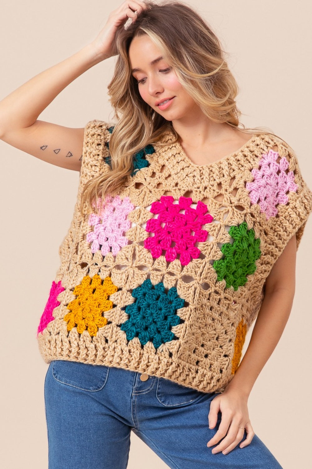 BiBi Granny Square Openwork Sweater Vest - ClassiQ
