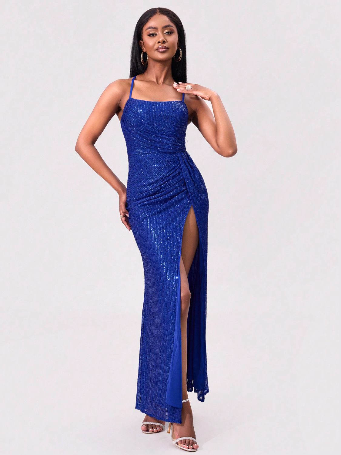 Slit Sequin Square Neck Spaghetti Strap Dress - Classique Collection