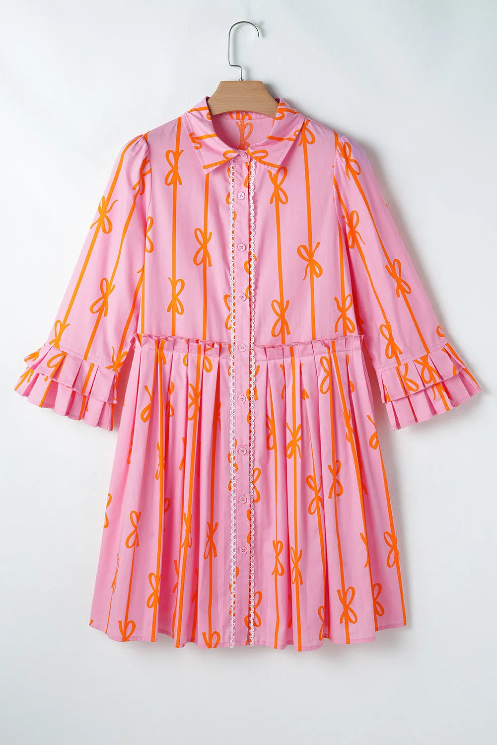 Ruffled Bow Printed Three-Quarter Sleeve Shirt Dress - Classique Collection