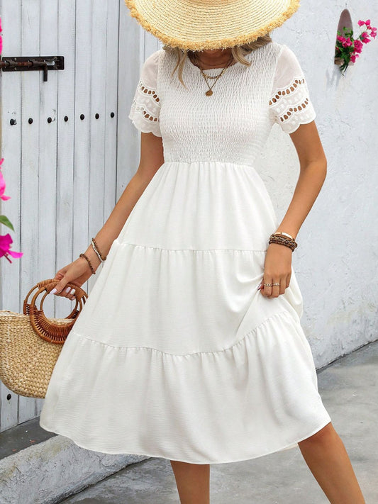 Smocked Round Neck Short Sleeve Dress - ClassiQ