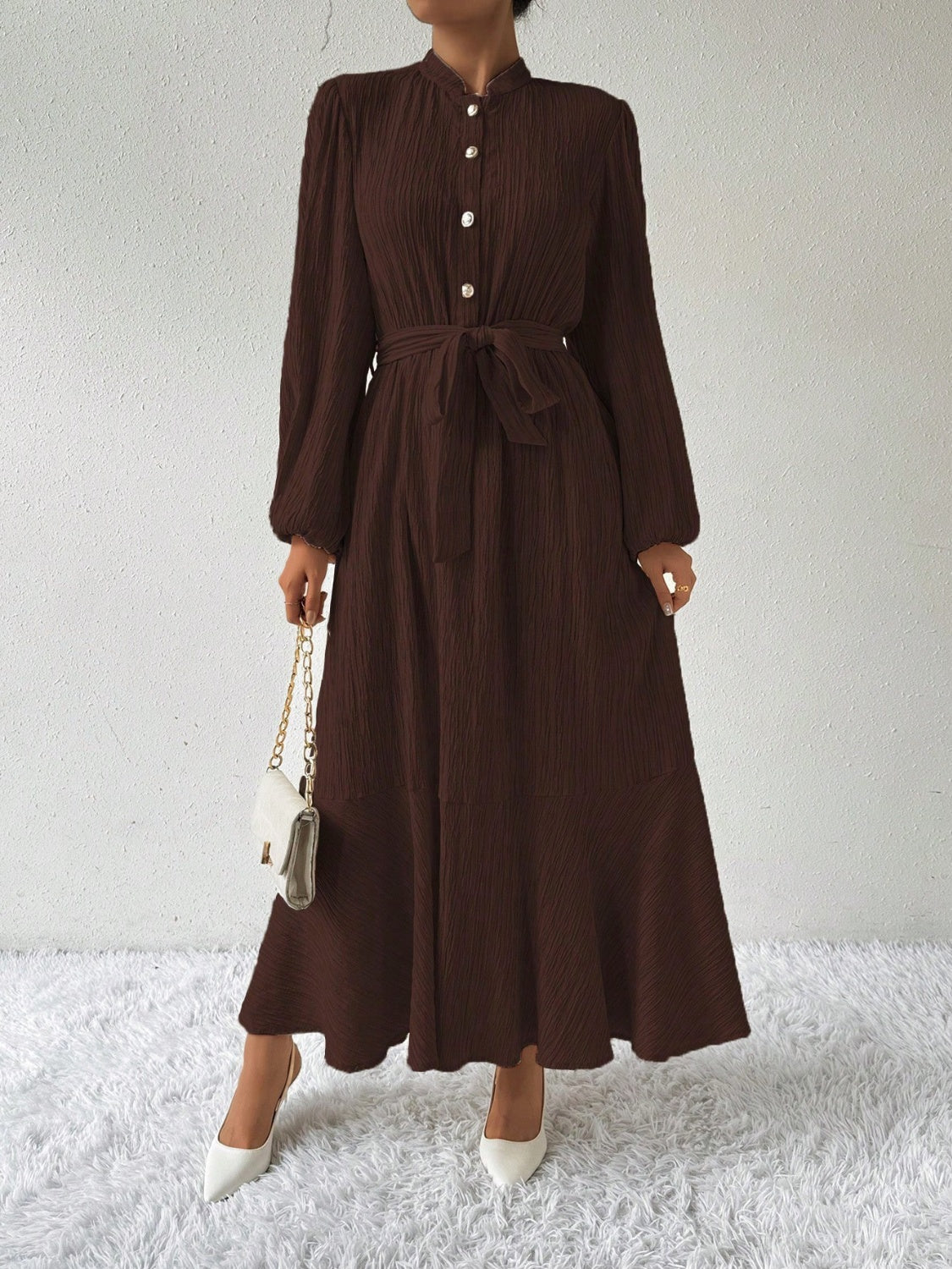 Half Button Tie Waist Long Sleeve Maxi Dress - Classique Collection
