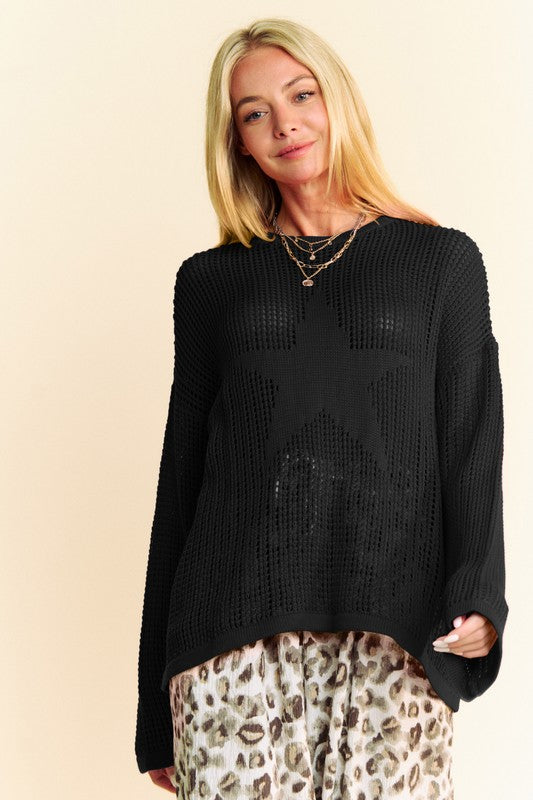 Davi & Dani Star Front Crochet Drop Shoulder Knit Top - Classique Collection