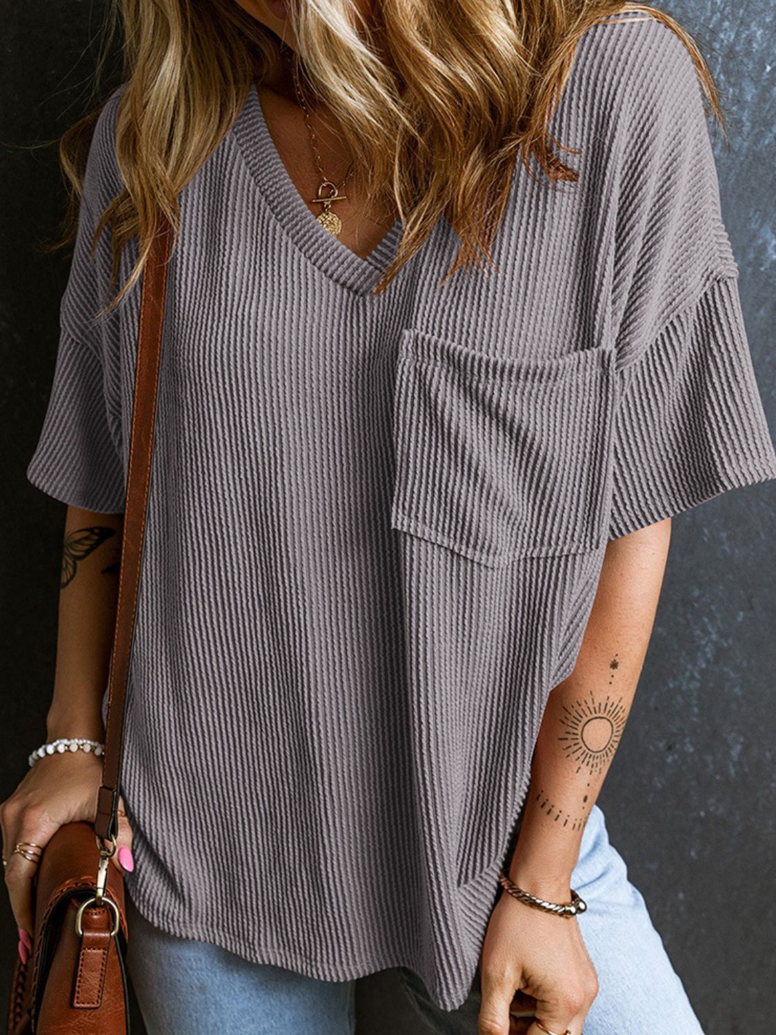 Textured V-Neck Half Sleeve T-Shirt - Classique Collection