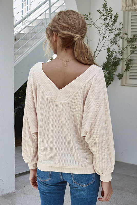 Boat Neck Waffle-Knit Lantern Sleeve Blouse with Pocket - Classique Collection