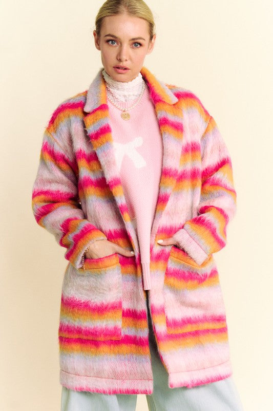 Davi & Dani Contrast Striped Open Front Coat with Pockets - Classique Collection