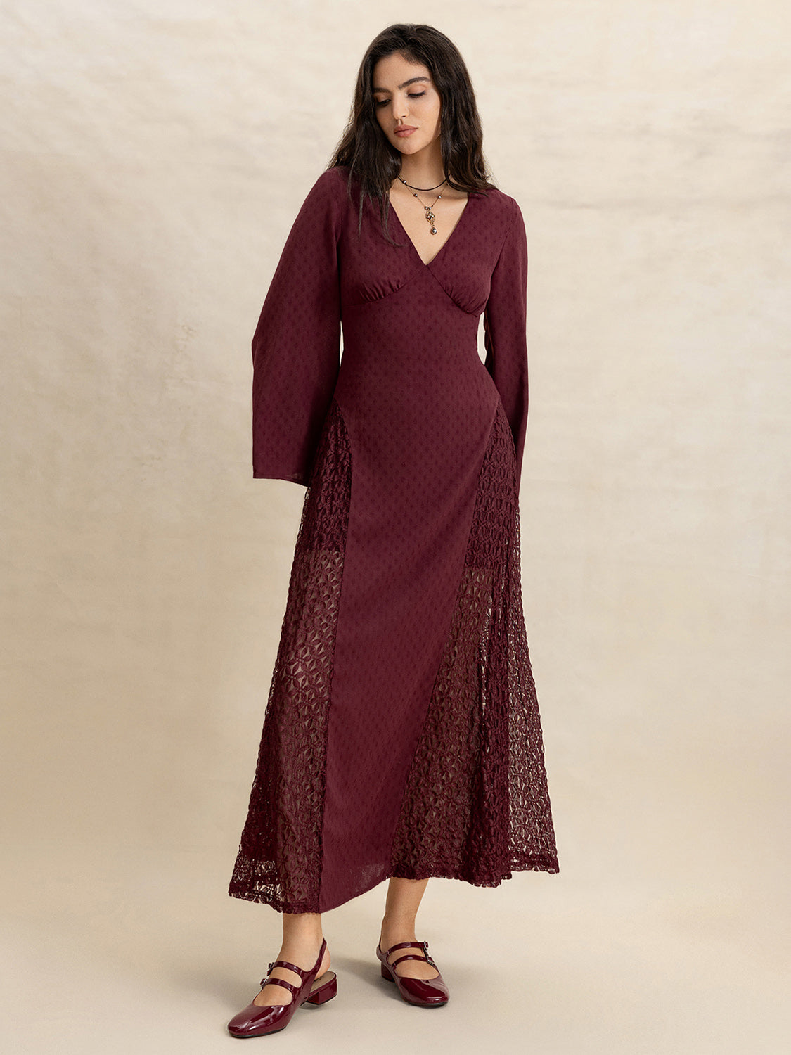 Lace Patchwork V-Neck Long Sleeve Midi Dress - Classique Collection