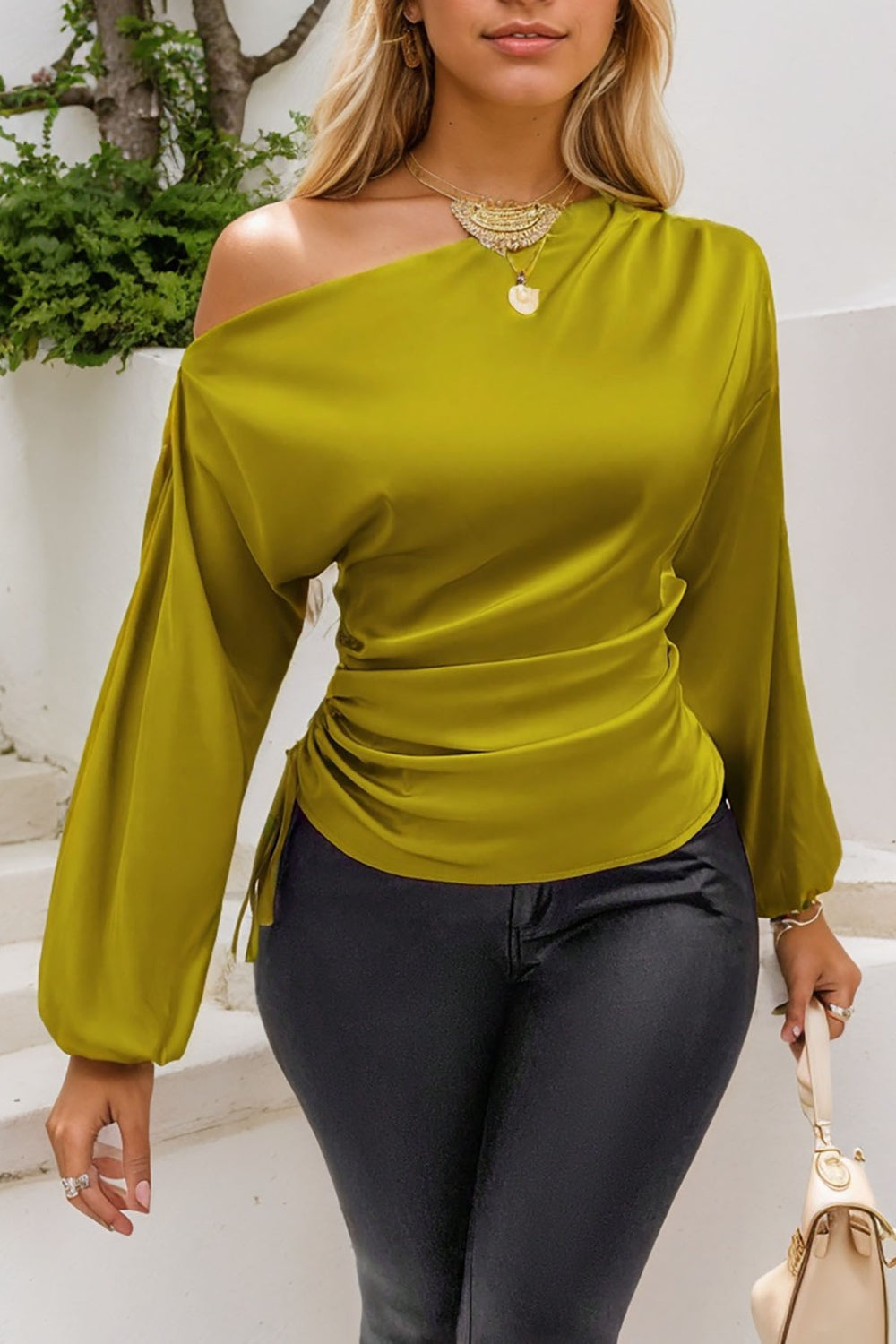 Drawstring One Shoulder Long Sleeve Blouse - Classique Collection