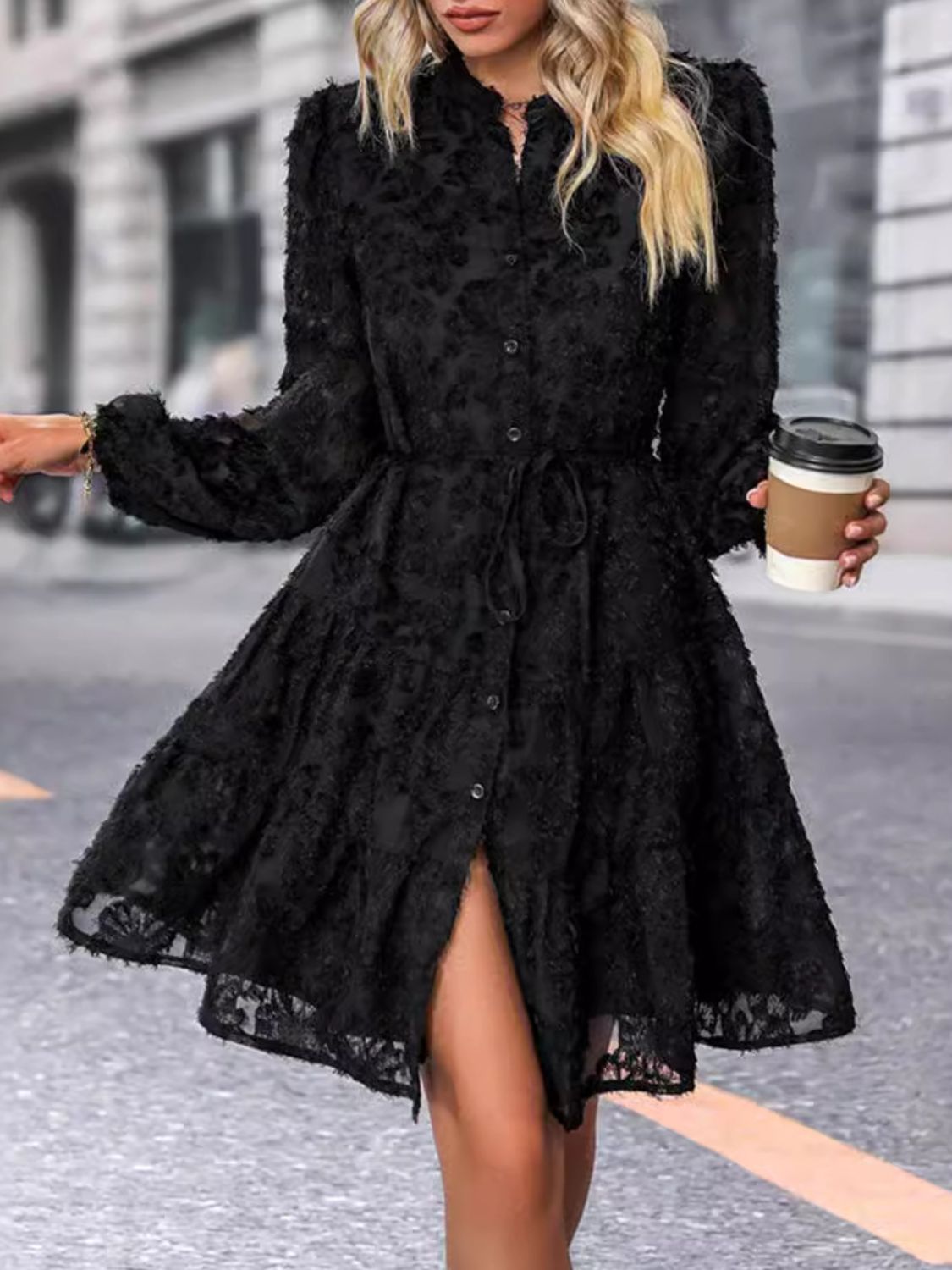 Lace Button Down Long Sleeve Mini Dress - Classique Collection