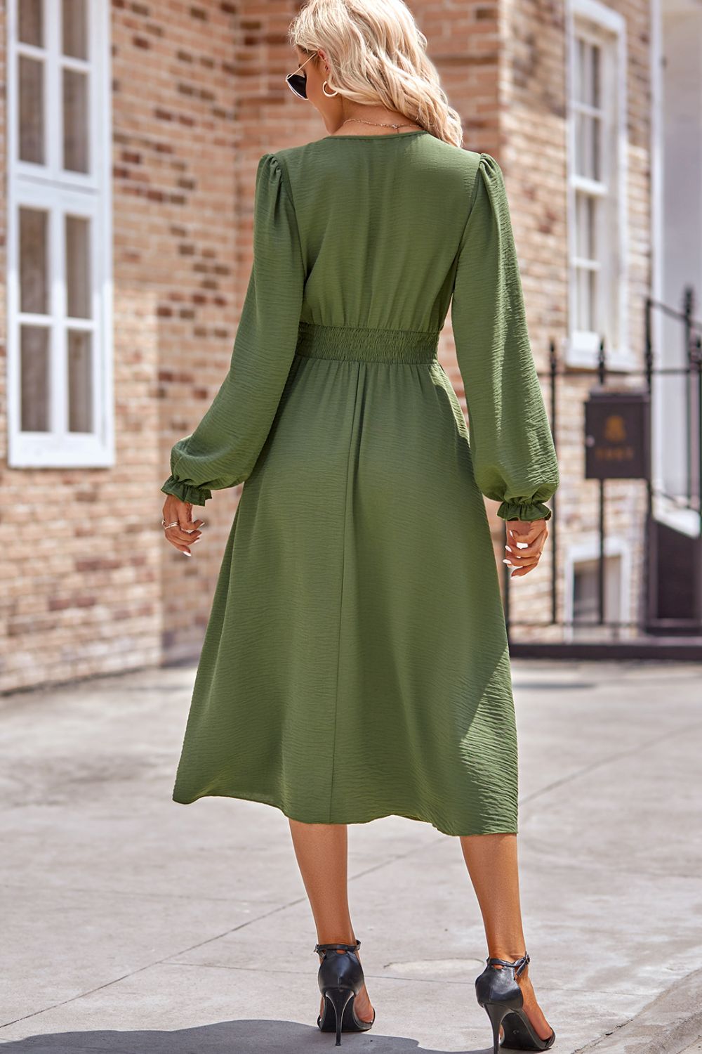 Smocked V-Neck Flounce Sleeve Midi Dress - Classique Collection